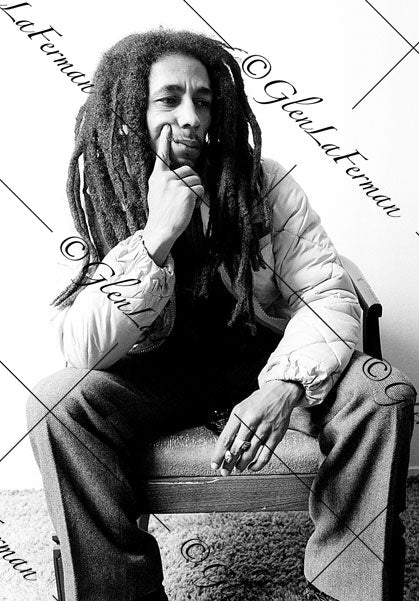 Photograph and Print of Bob Marley pensive, hand on chin 