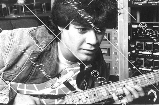 A Print and Photograph of Eddie Van Halen close up with Kramer Frankenstrat