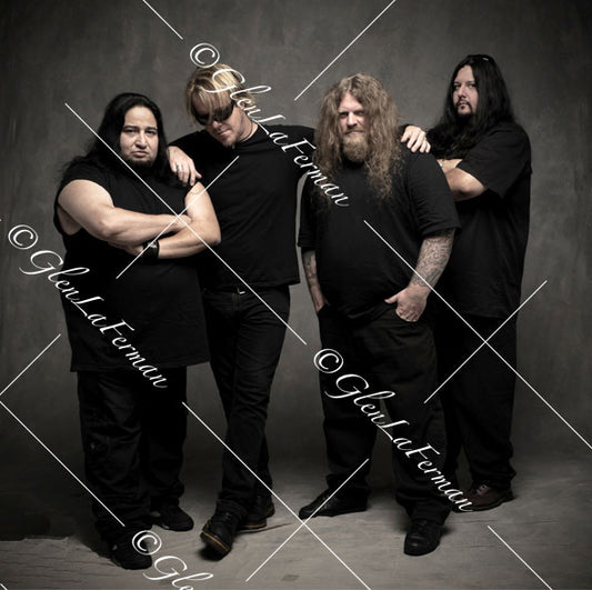 Fear Factory in all black, in studio, looking down