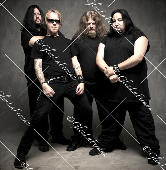 Fear Factory in all black, in studio, wide stances