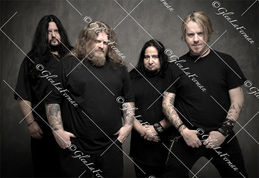 Fear Factory in all black looking forward in studio 