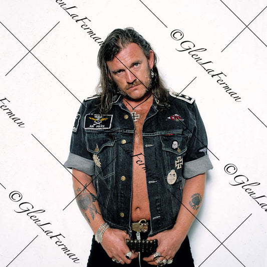 Lemmy Kilmister in jean jacket with signature look